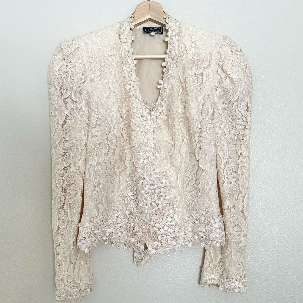 Vintage Formal Coquette Lace Beaded Embroidered Soft Pink Floral Button Blazer
